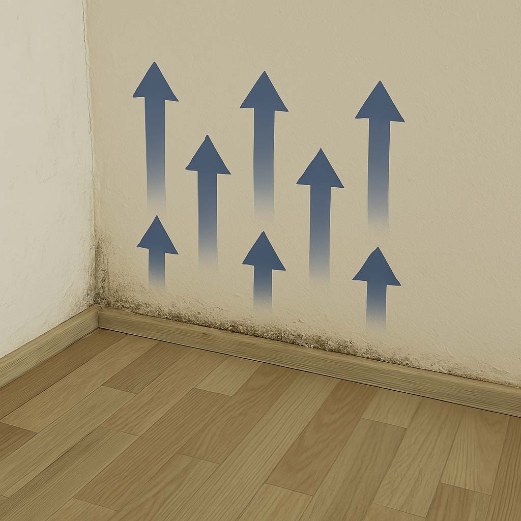 Aufsteigende Feuchtigkeit mit Salzausblühungen an einer Kellerwand